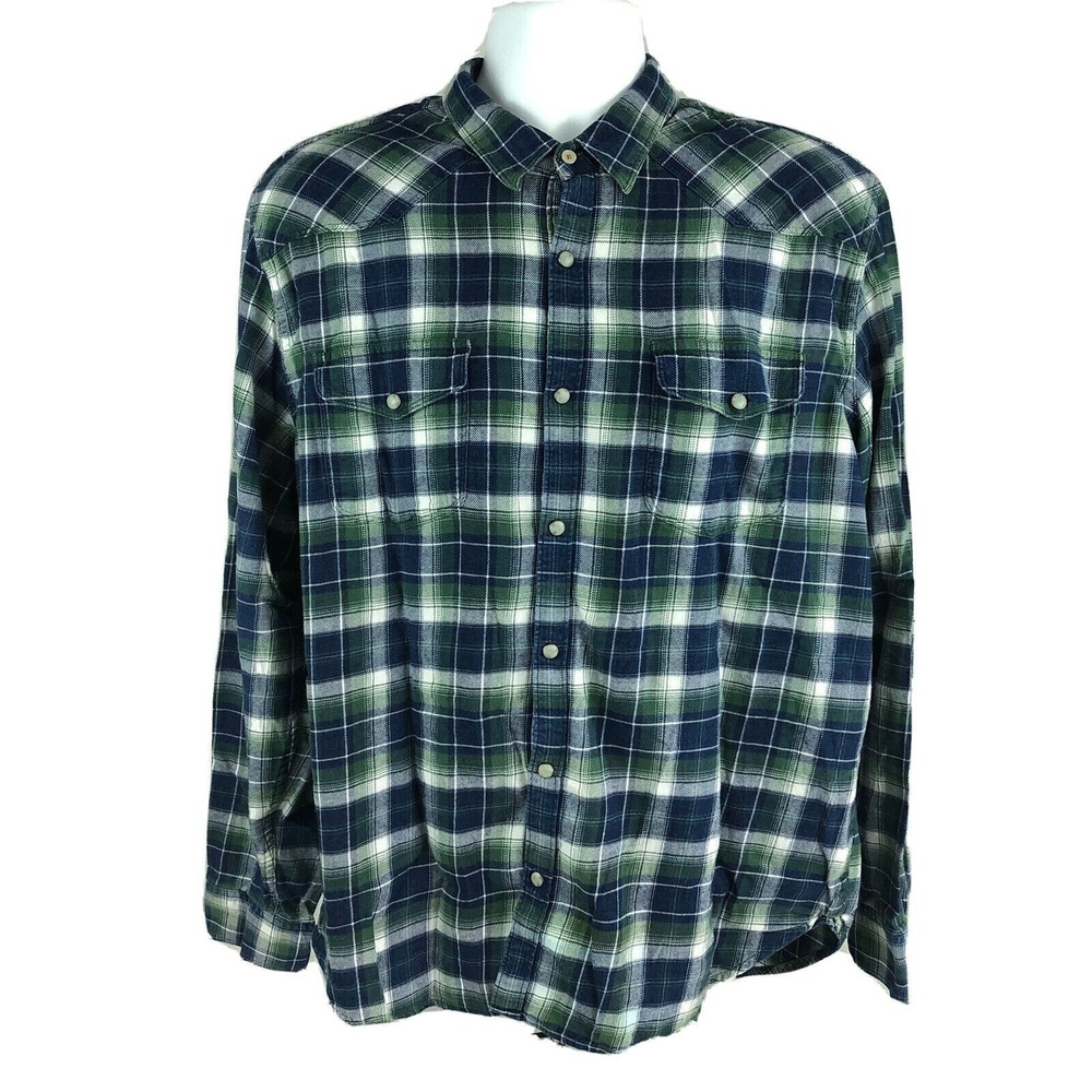 Lucky Brand Saturday Stretch Plaid Flannel Shirt Men's XL Pearl Snap Blue Green